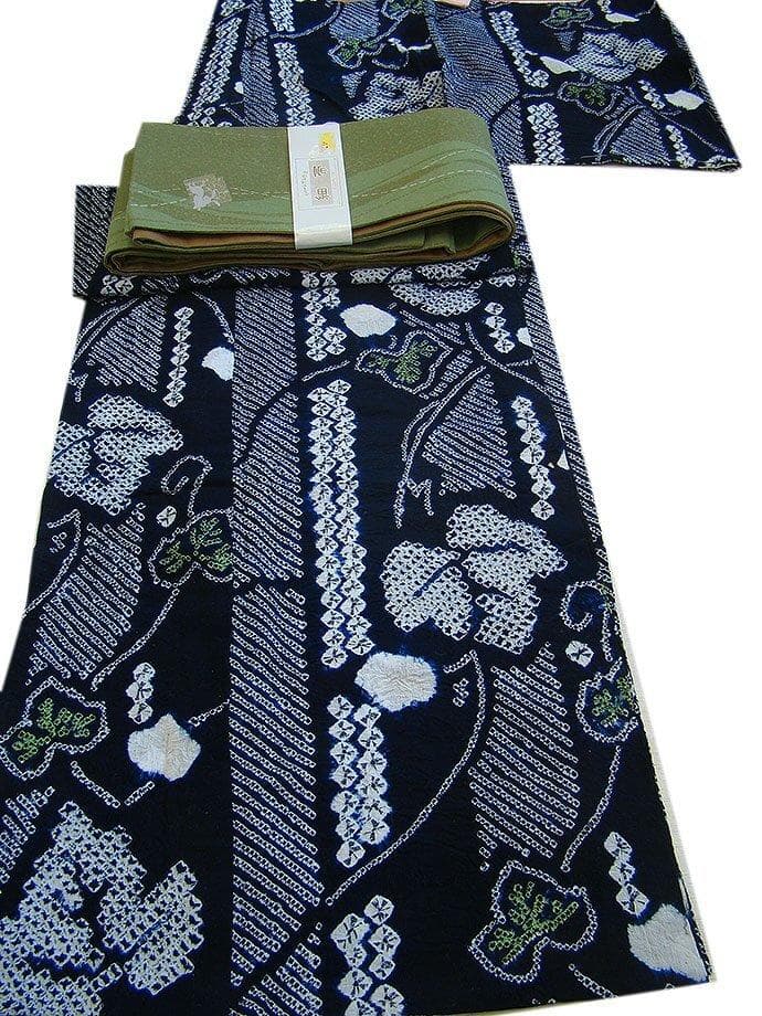 美品 鳴海 総絞り 浴衣 ロング 四寸帯 ２点 セット 綿 Ym115-A