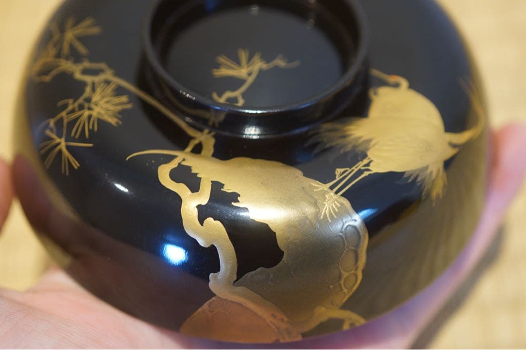 輪島塗 松鶴図金蒔絵 黒漆 吸物椀 2客 / 木製漆器 茶懐石
