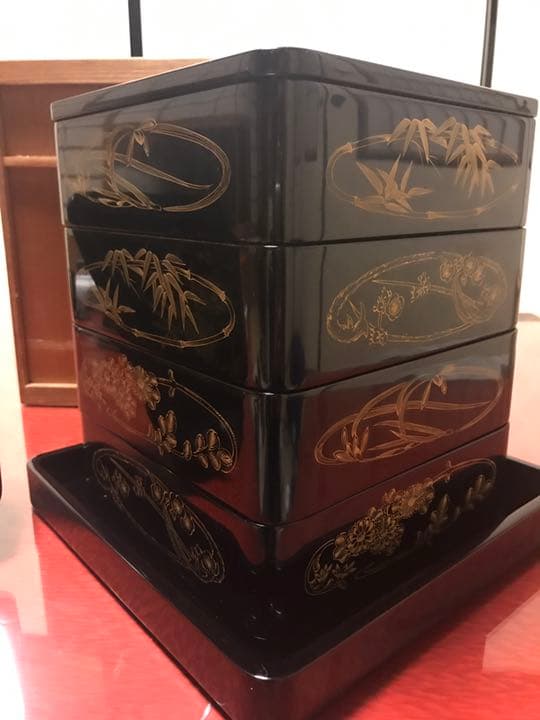 輪島塗 四君子 沈金 4段 重箱 重箱台付