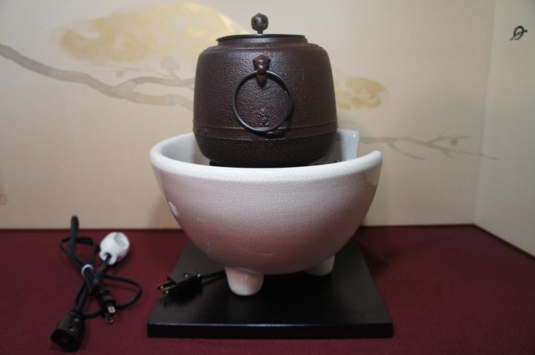 ☆ 野々田 さつま風炉(紅鉢型)電熱器 在銘 萬代屋小釜 釜鐶他フルセット送料込