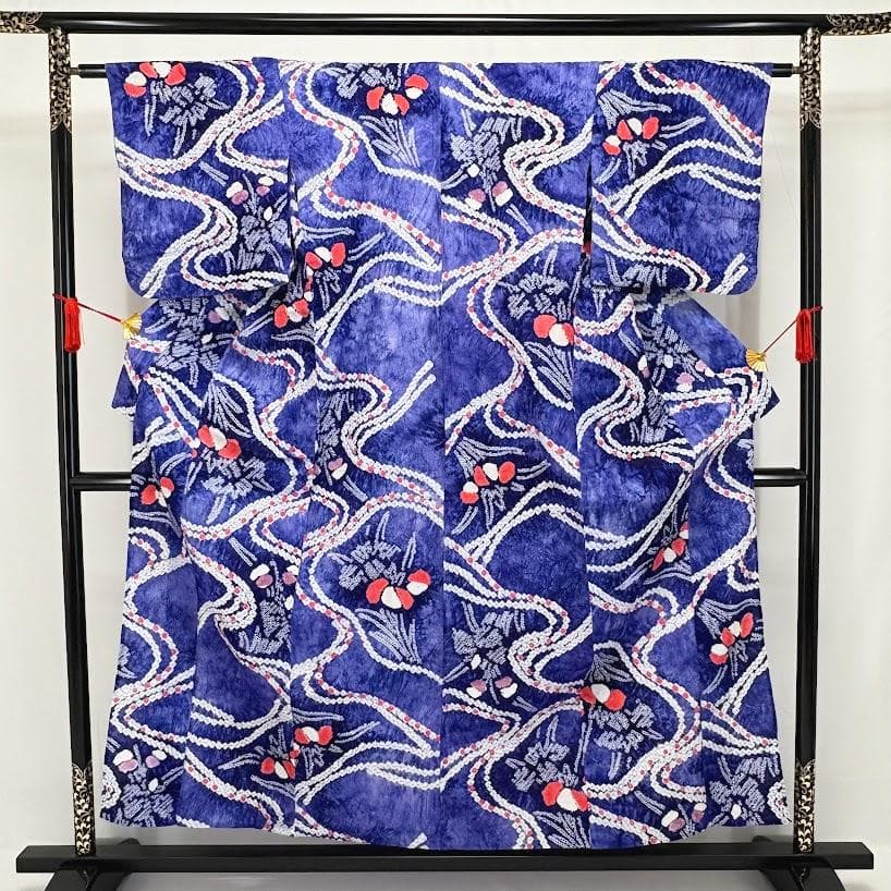 ゆりのはな　絞り浴衣　有松鳴海絞り　総絞り　浴衣　群青色系　綿　絞り　H105