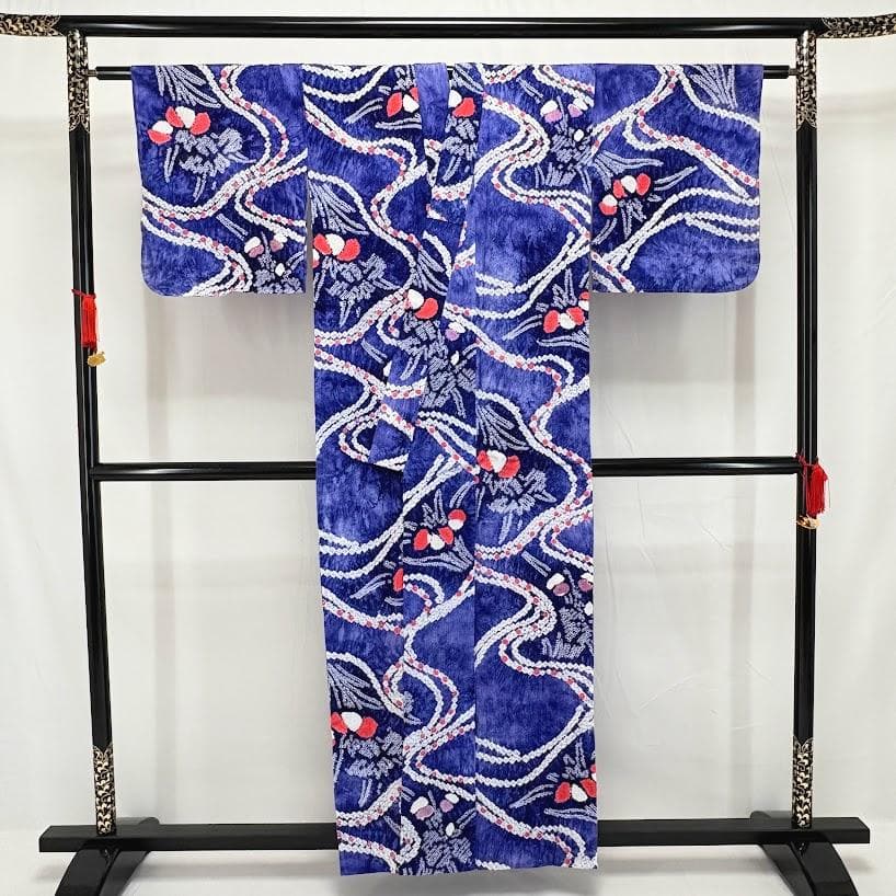 ゆりのはな　絞り浴衣　有松鳴海絞り　総絞り　浴衣　群青色系　綿　絞り　H105