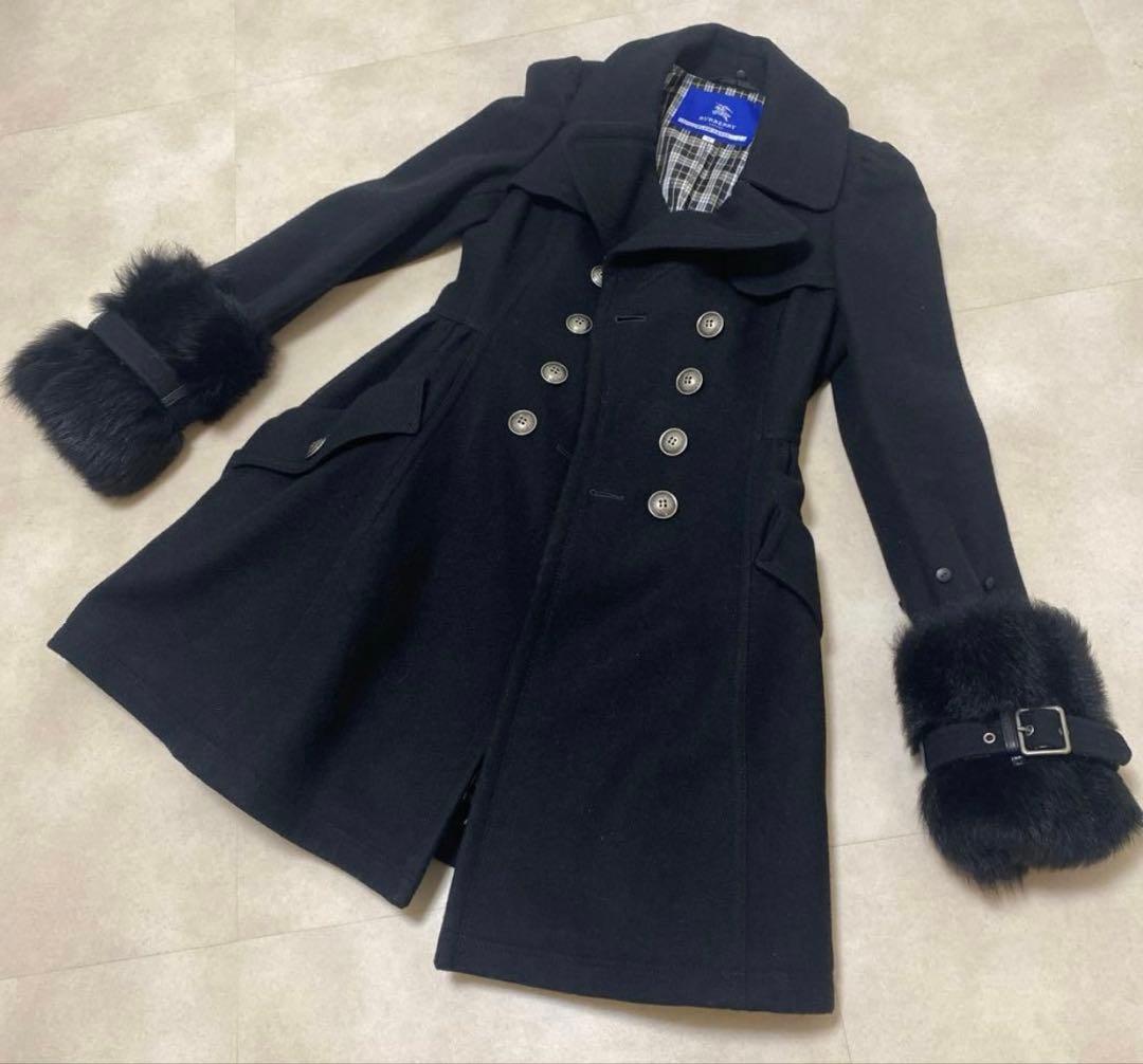 バーバリーブルーレーベル ファー付Pコート 黒 38