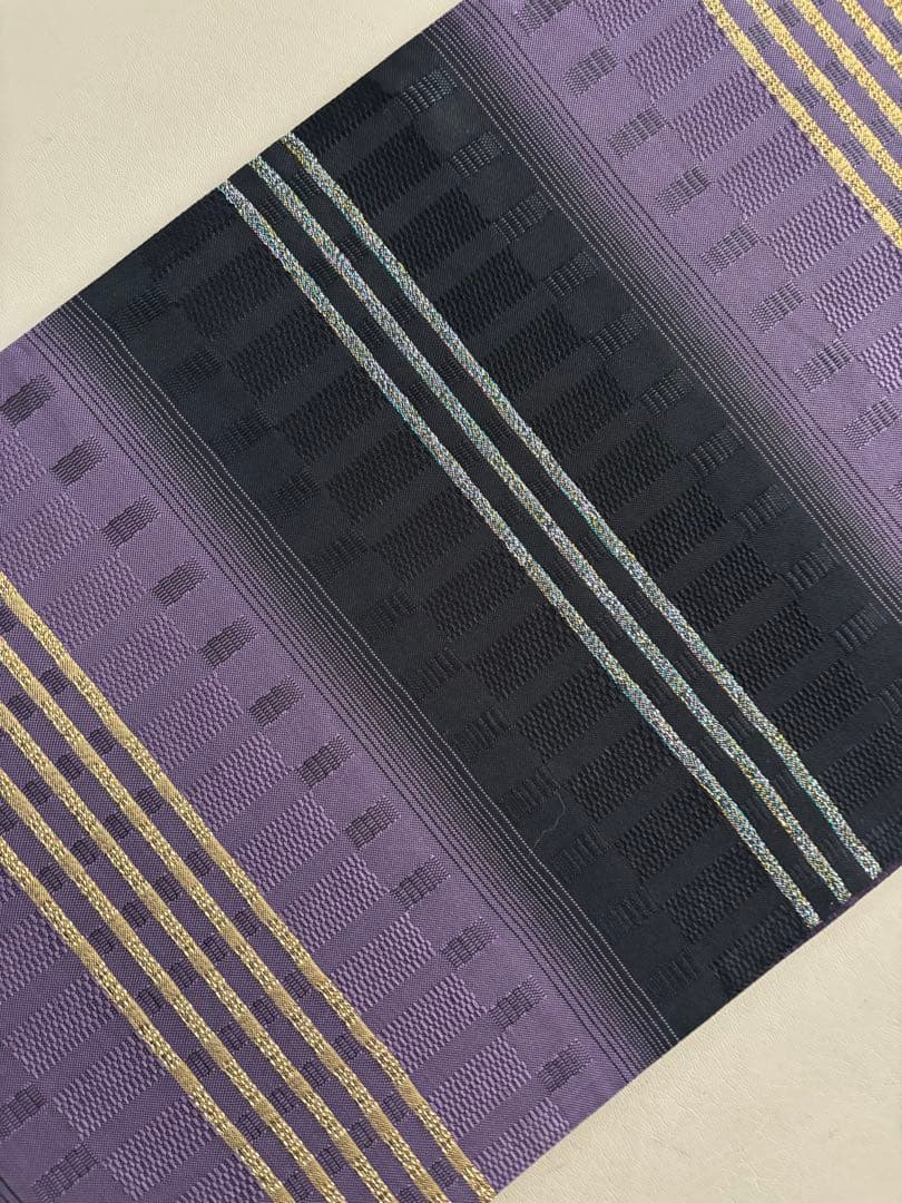 帯締めプレゼント/絹＋金属糸 吉野間道 黒×紫 袋帯 未使用同等 ガード加工
