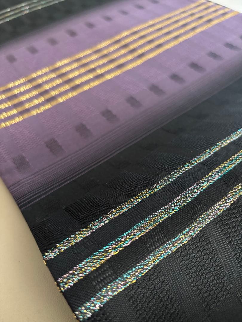 帯締めプレゼント/絹＋金属糸 吉野間道 黒×紫 袋帯 未使用同等 ガード加工