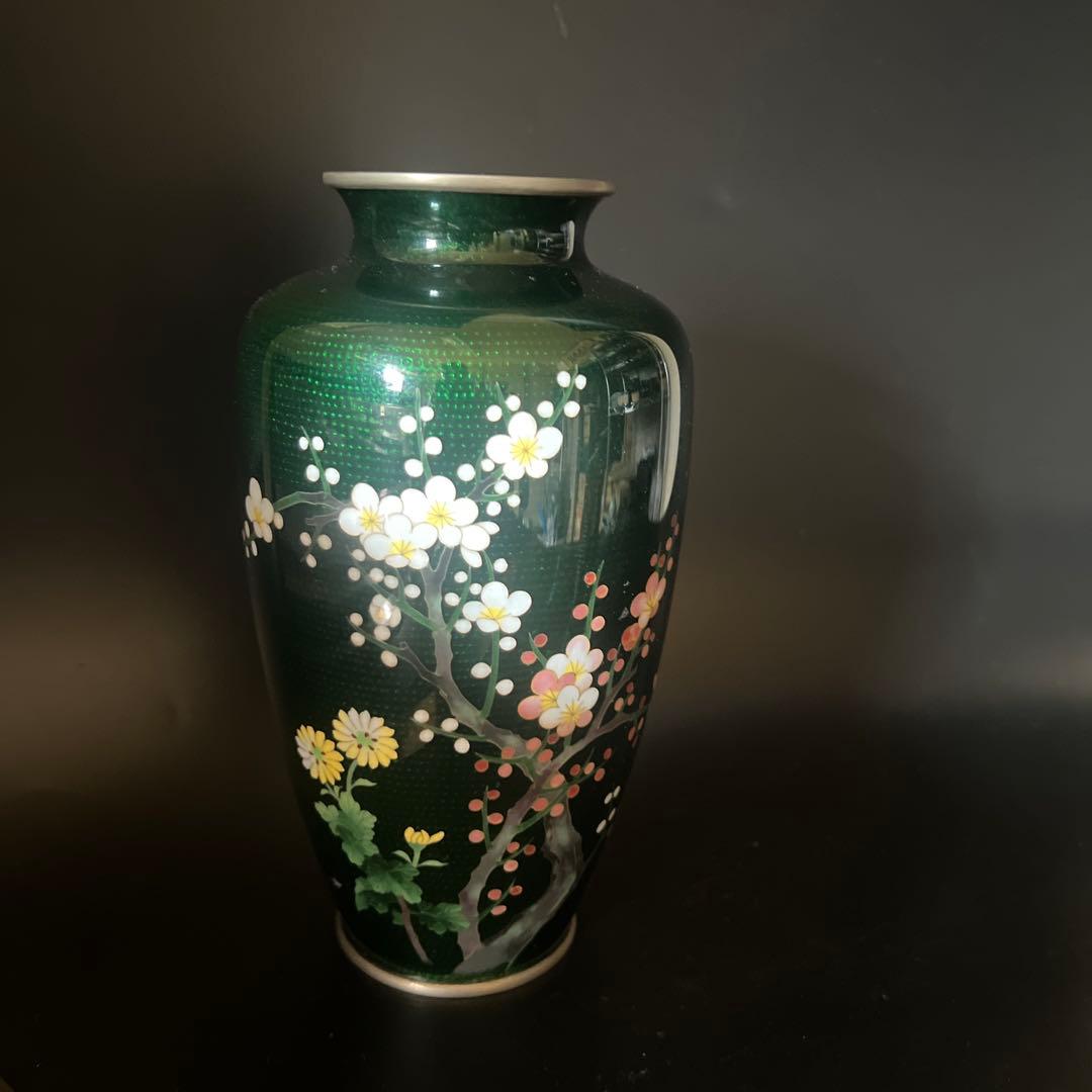 安藤七宝焼　梅菊竹　珍しい深緑系　花入れ　花瓶　華道　刻印有　極上工芸　金属工芸