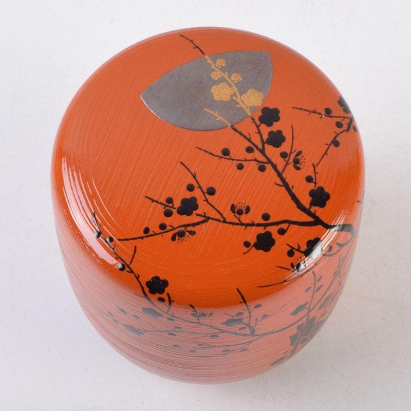 茶道具　山中塗　道場宗廣作　朱刷毛目　梅月蒔絵　大棗　共箱　V　9038