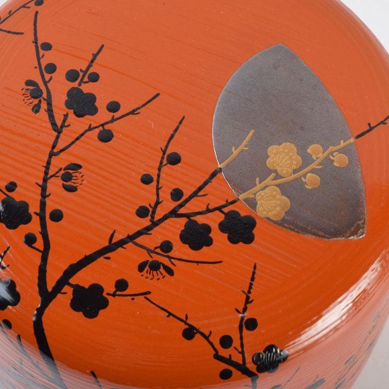 茶道具　山中塗　道場宗廣作　朱刷毛目　梅月蒔絵　大棗　共箱　V　9038