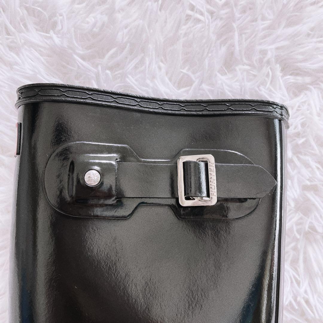 《美品》HUNTER レインブーツ トール グロス サイドベルト 24cm 黒
