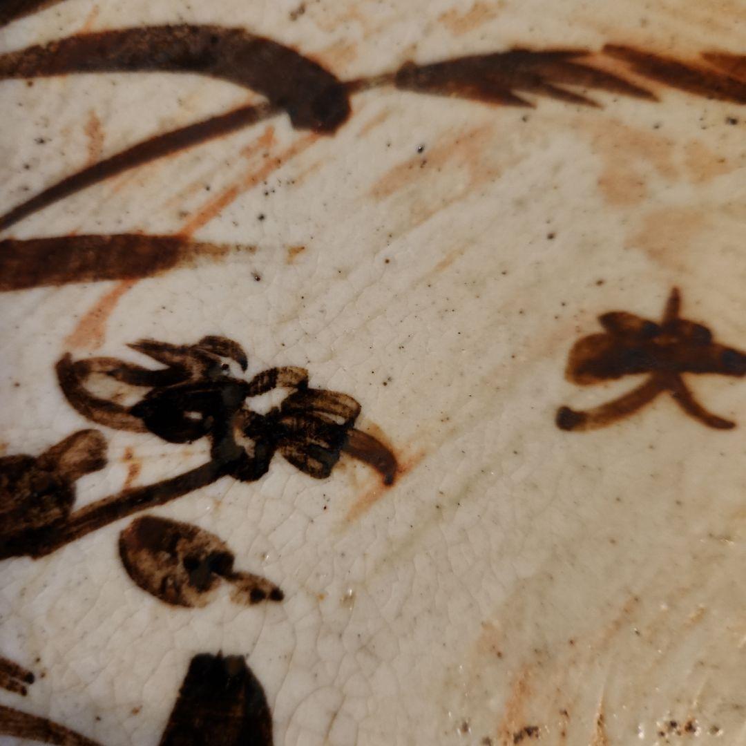 慶應　江戸後期　絵瀬戸　鉄絵　石皿 秋草行灯皿　油皿