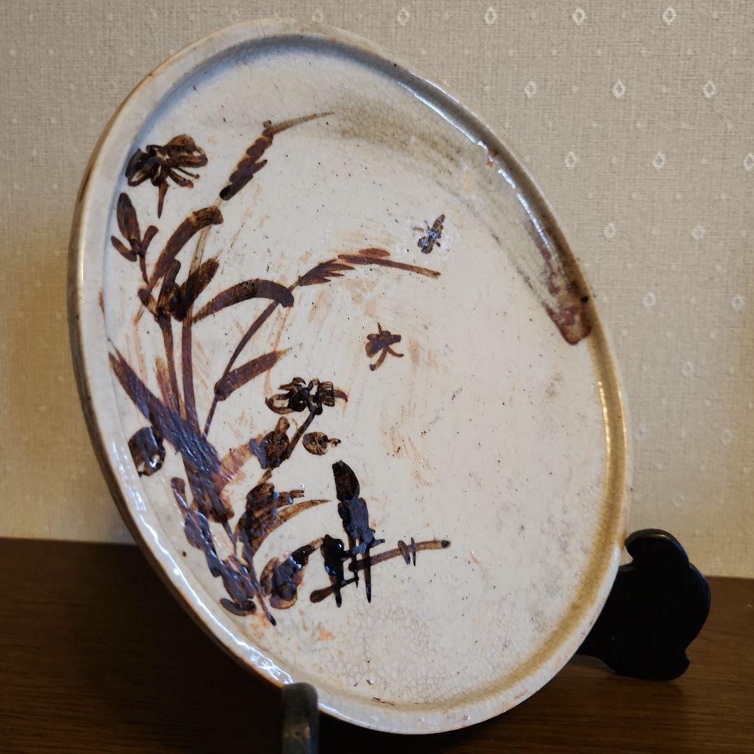 慶應　江戸後期　絵瀬戸　鉄絵　石皿 秋草行灯皿　油皿