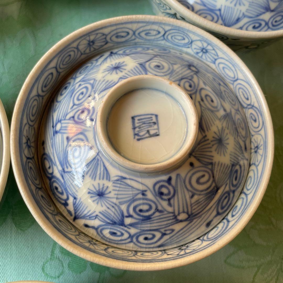 古伊万里　花弁紋　唐草　蓋付きご飯茶碗 6客