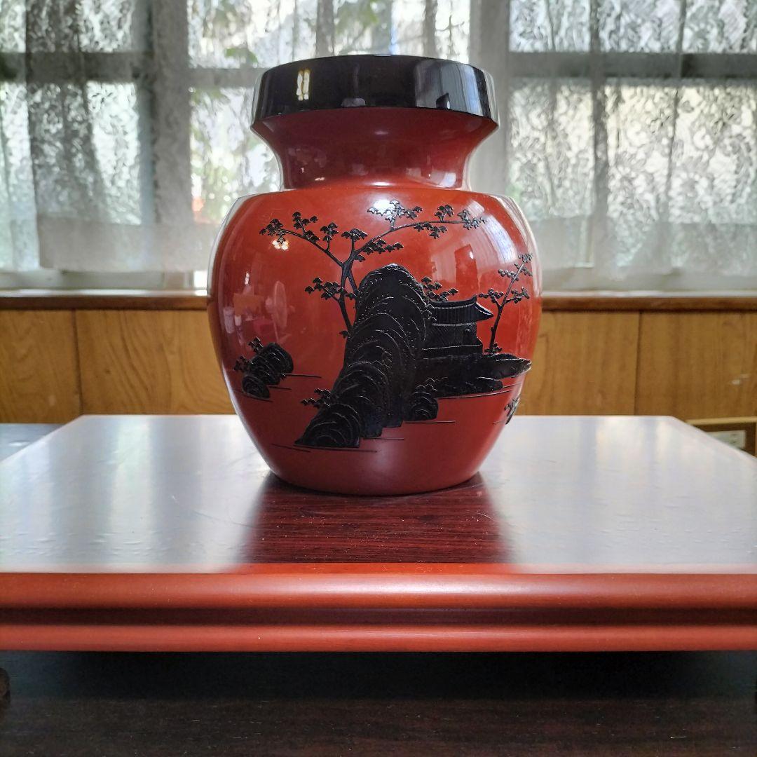 琉球漆器　飾り壷　角萬漆器　朱赤　黒　花瓶　螺鈿蒔絵