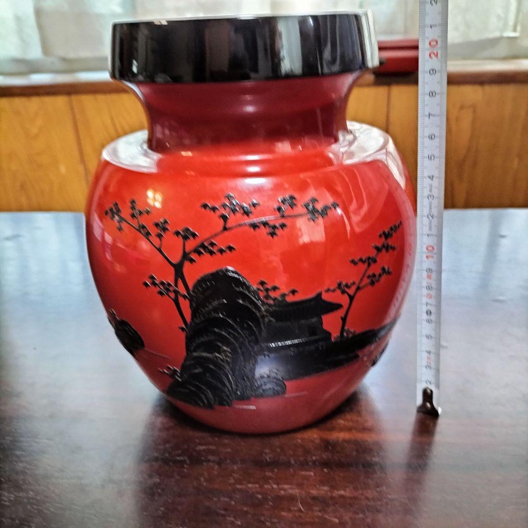 琉球漆器　飾り壷　角萬漆器　朱赤　黒　花瓶　螺鈿蒔絵