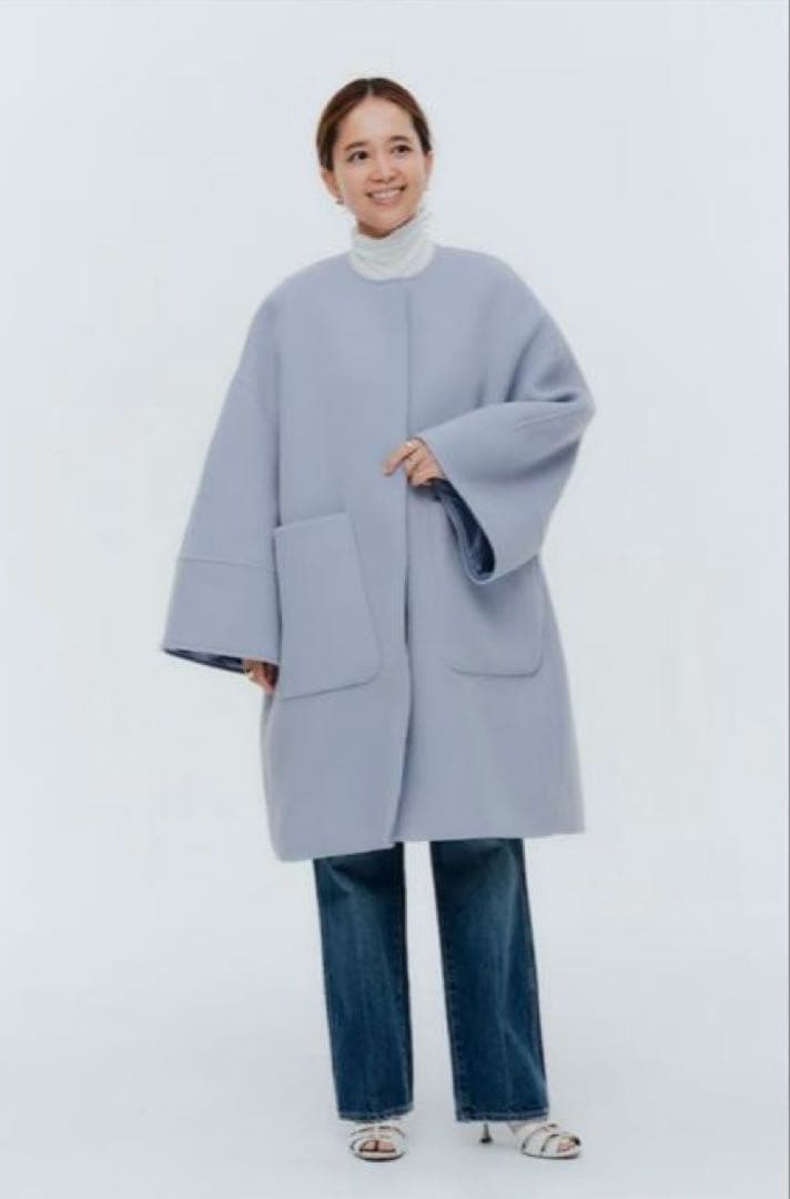 yori ウールノーカラーコート　サックス　コート　drawer blamink