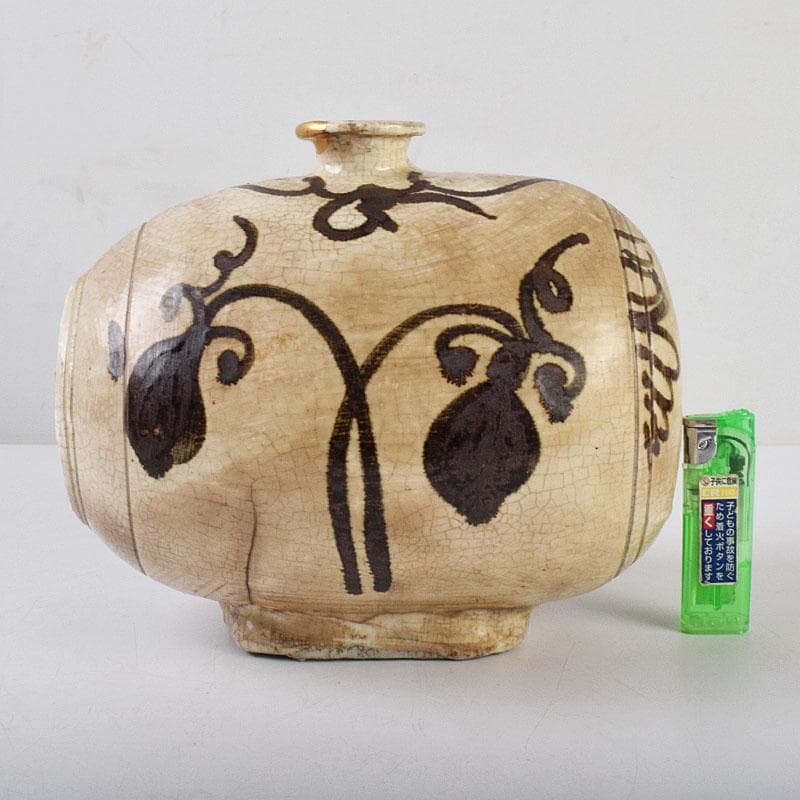 朝鮮美術　李朝　高麗白磁　鉄絵草文　俵壷　扁壷　F　R9071