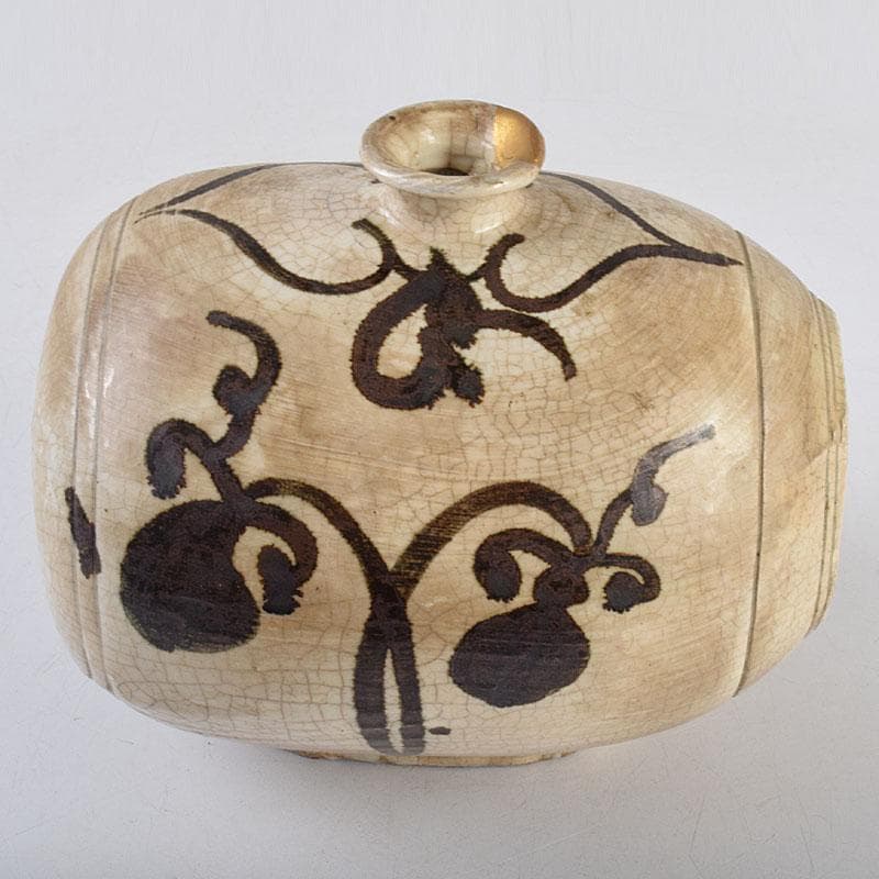 朝鮮美術　李朝　高麗白磁　鉄絵草文　俵壷　扁壷　F　R9071