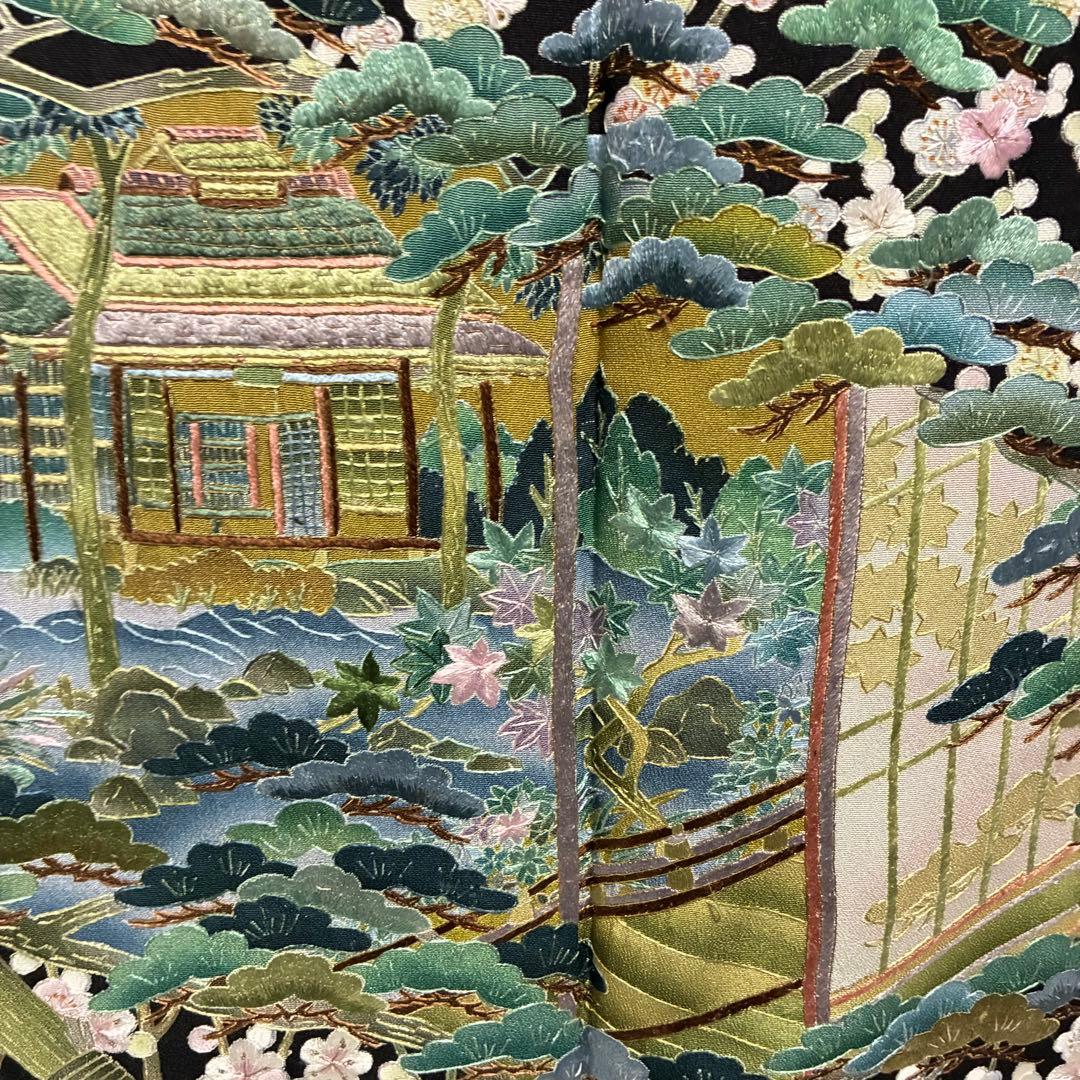 D6 黒留袖 総刺繍 蘇州刺繍 花模様 正絹 着物 袷 美品