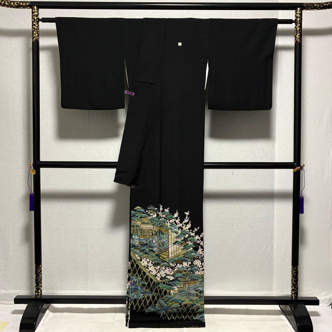 D6 黒留袖 総刺繍 蘇州刺繍 花模様 正絹 着物 袷 美品