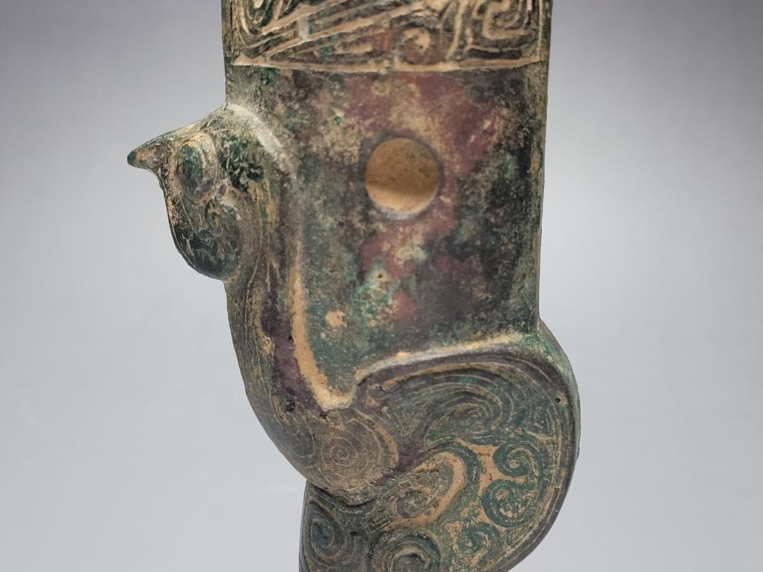 青銅製 陽刻鳥型文 刀柄 春秋戦国時代 高さ約15.7cm
