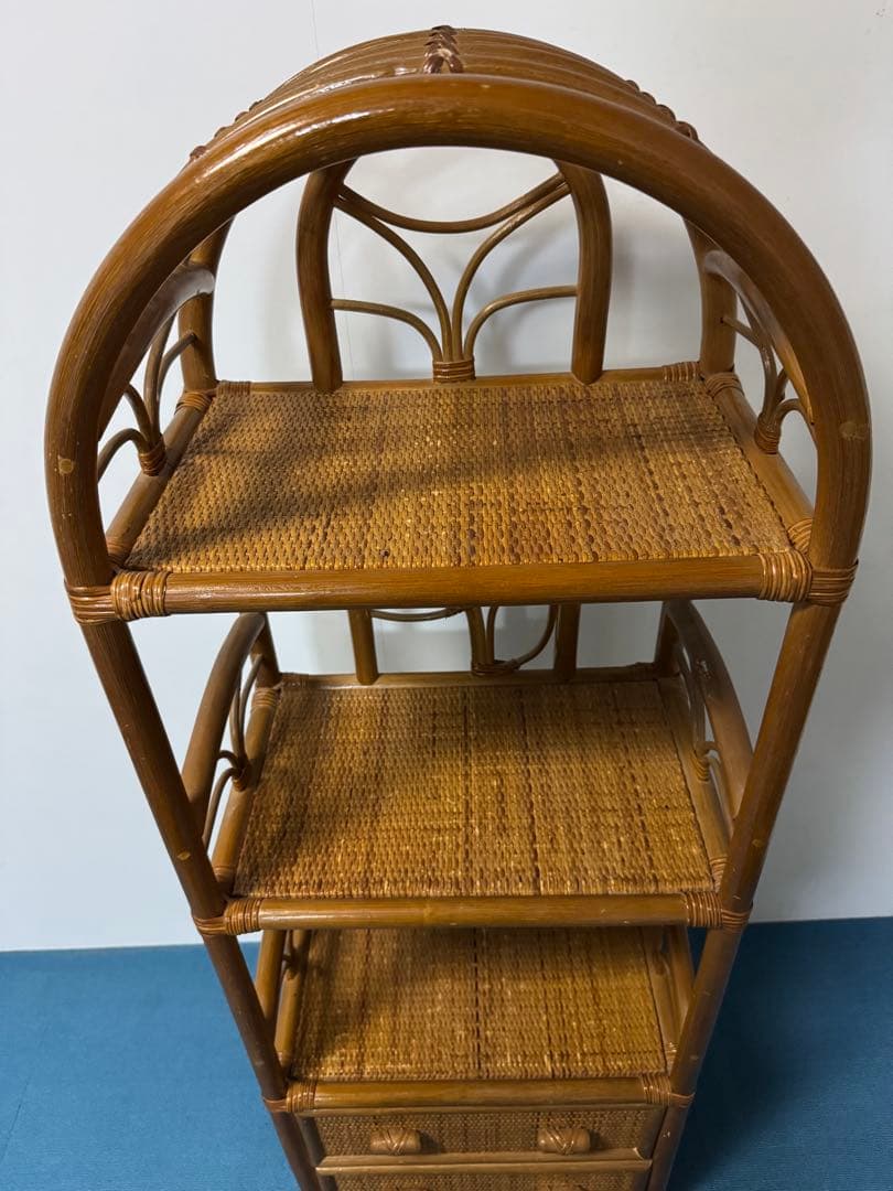 も*り様 ヴィンテージ　ラタンディスプレイラック　引き出し付き3段飾り棚　籐家具