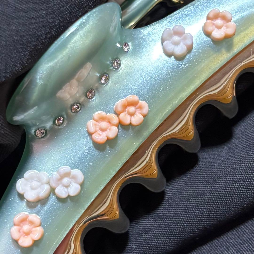 acca ヘアクリップ　フラワーラインストーングリーン 大