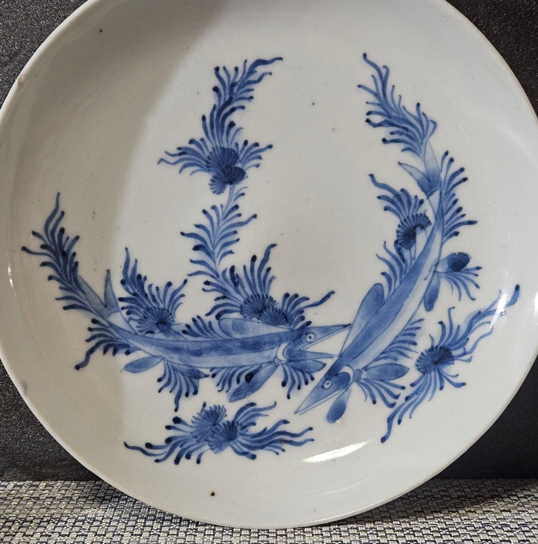 【名品❗】江戸時代前期〜中期　藍九谷様式 鮎の図　16.8cm皿　皿裏　唐草文様