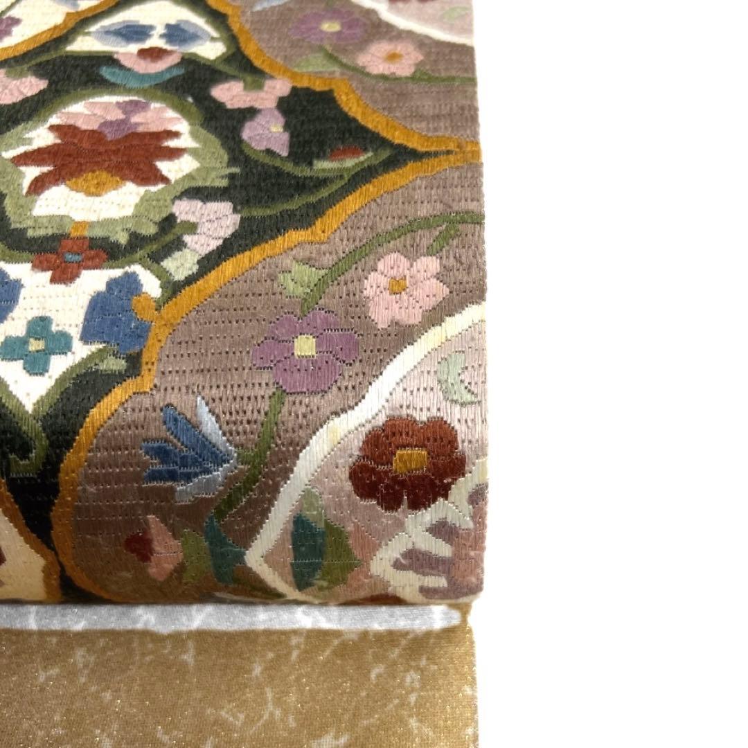 袋帯　華紋　絽刺し　唐花　唐草　氷割れ　金通し　着物　021a d