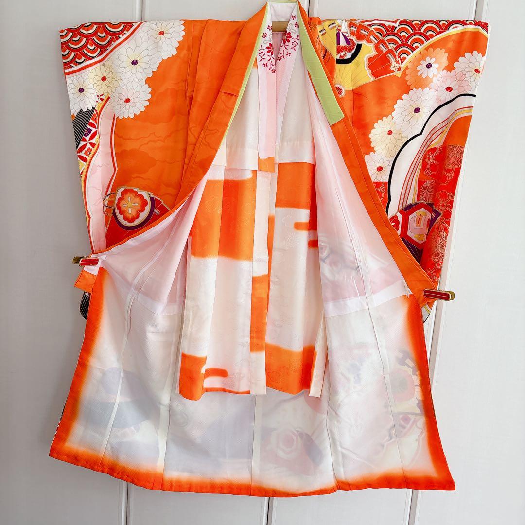 七五三　7歳　四つ身　子供着物　作り帯　女の子　長襦袢　フルセット　オレンジ