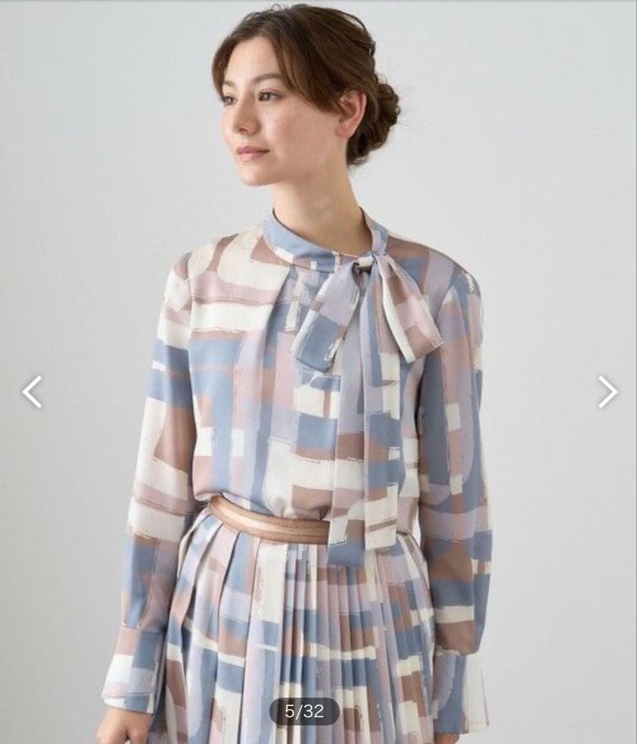 ◆極美品◆ANAYI◆スクエア幾何プリントサイドボウタイブラウス◆パープル◆S