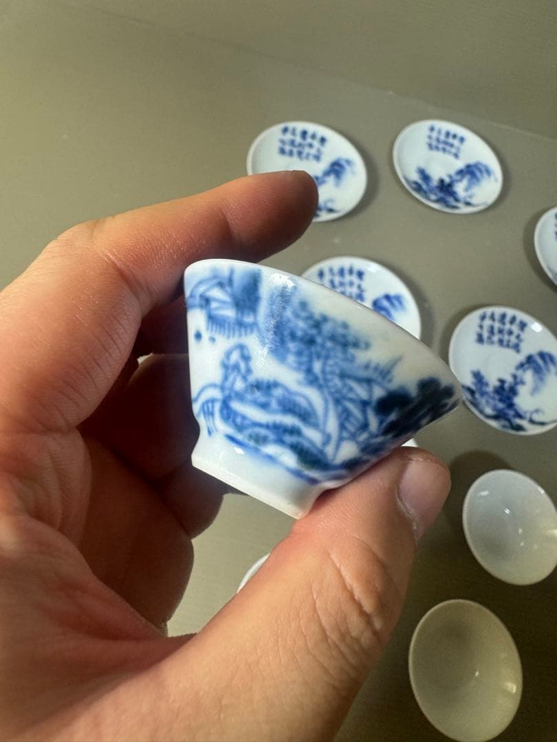 2439  染付青花　山水文 盃と下皿　5客セット