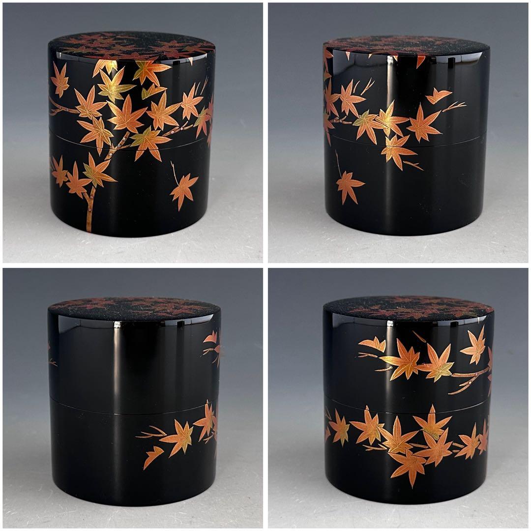 茶道具　紅葉蒔絵　中次　茶器　竹内幸斎　共箱　山中塗　漆器　漆芸　秋　もみじ　棗