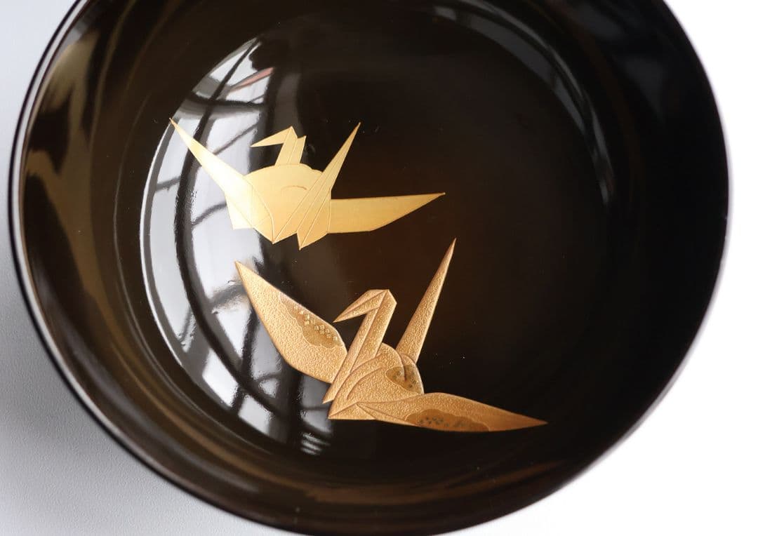 【MB179】金沢塗師 久世双〇 熨斗と折り鶴 金蒔絵 吸物椀 十客 天然木漆塗