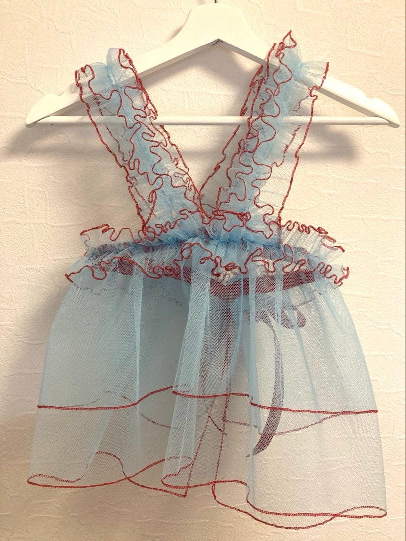 七五三　チュール　七五三　被布　チュール　水色　女の子　レトロ　着物　エプロン