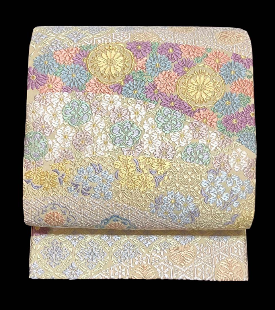 唐織春秋 袋帯 六通柄 正絹 新小石丸 花文 菊 桜 吉祥文様 美品 イ6362