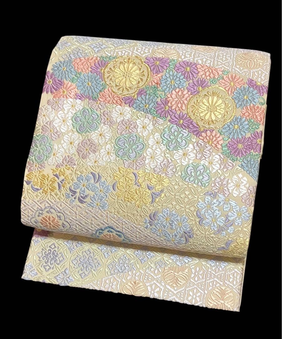 唐織春秋 袋帯 六通柄 正絹 新小石丸 花文 菊 桜 吉祥文様 美品 イ6362