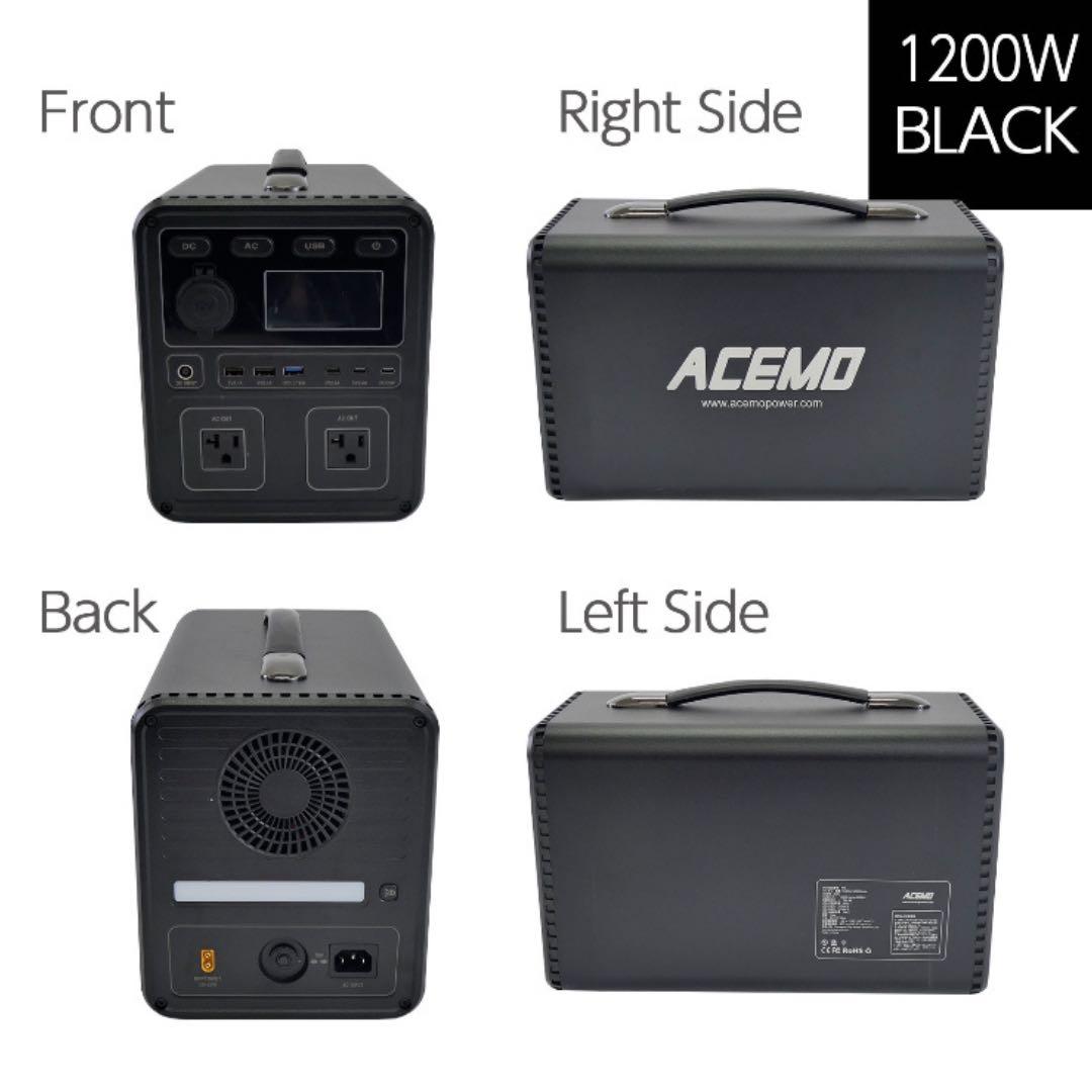ACEMO ポータブル電源 1200W 1075Wh 黒　防災 停電 キャンプ用