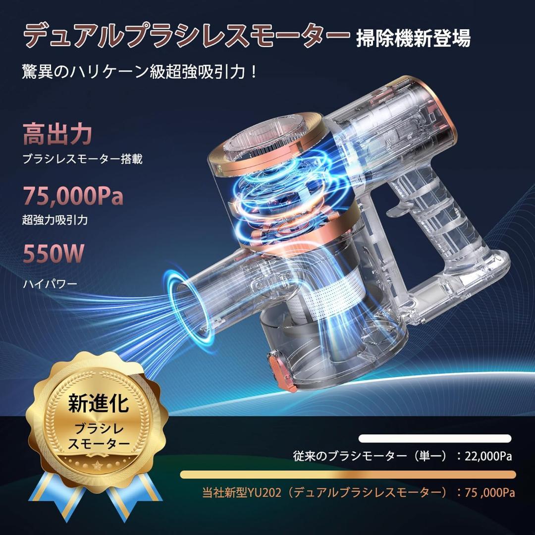 掃除機 コードレス 75Kpa 超強力吸引 55分連続稼働 サイクロン 限定１個