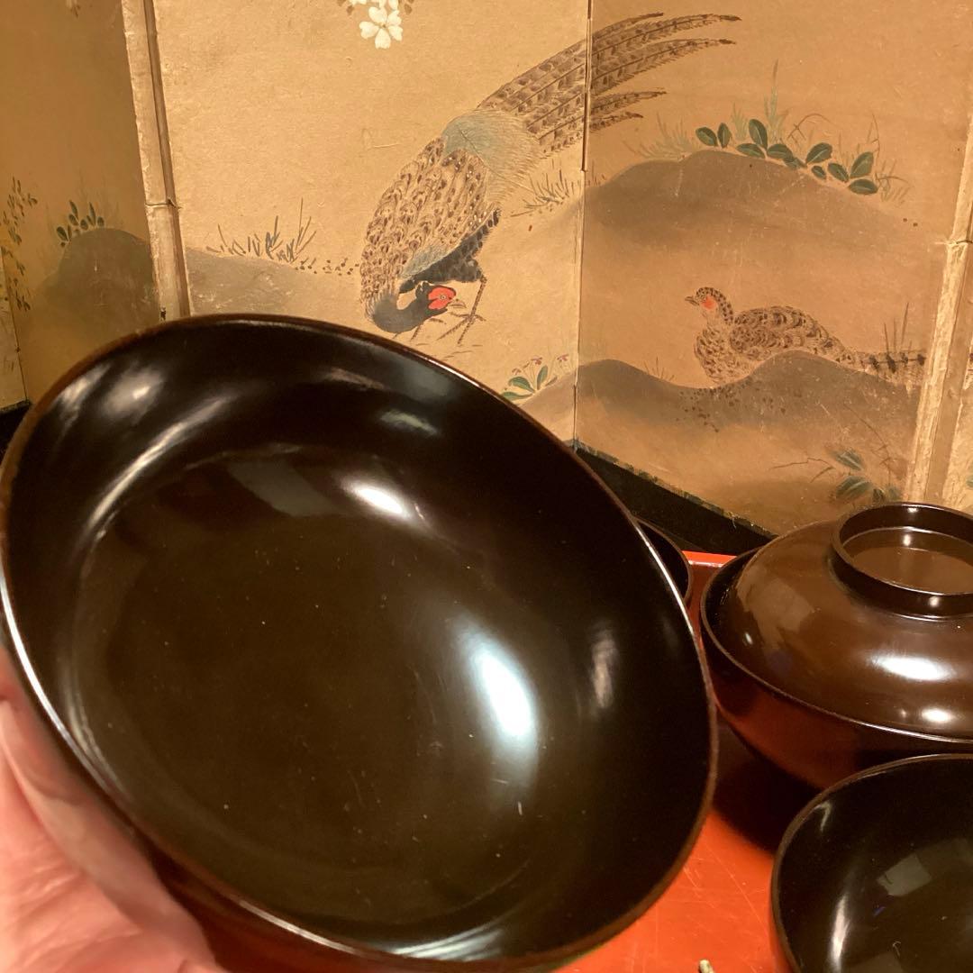 A914 木製輪島塗　潤み色　隠し絵蒔絵　閑古鳥蒔絵　鶏　5客