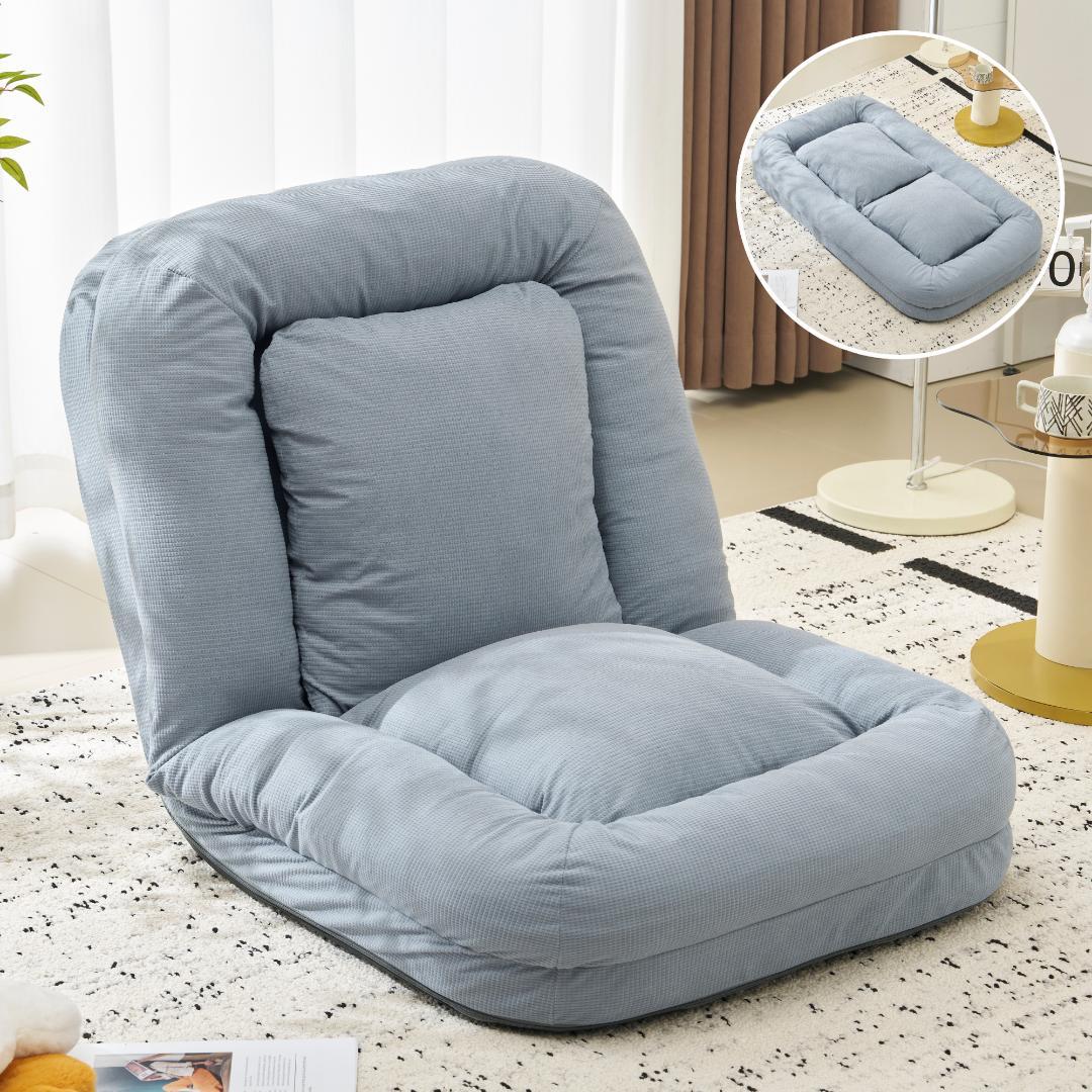 【ブルー】1人掛けソファー ソファーベッド 座椅子 6段調整可能 寝る 座る