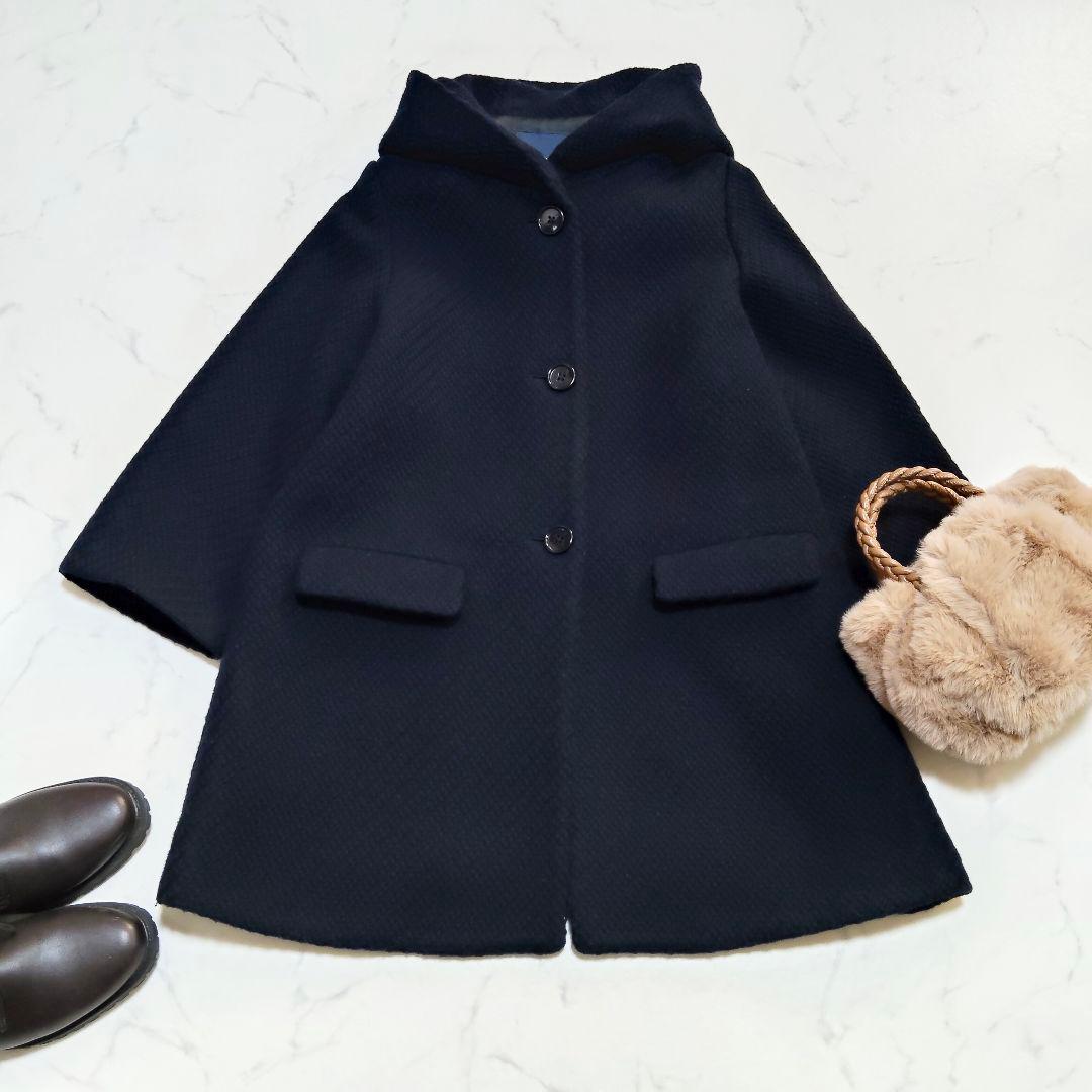 スローブイエナ フード ウールコート Aライン ツィード ネイビー