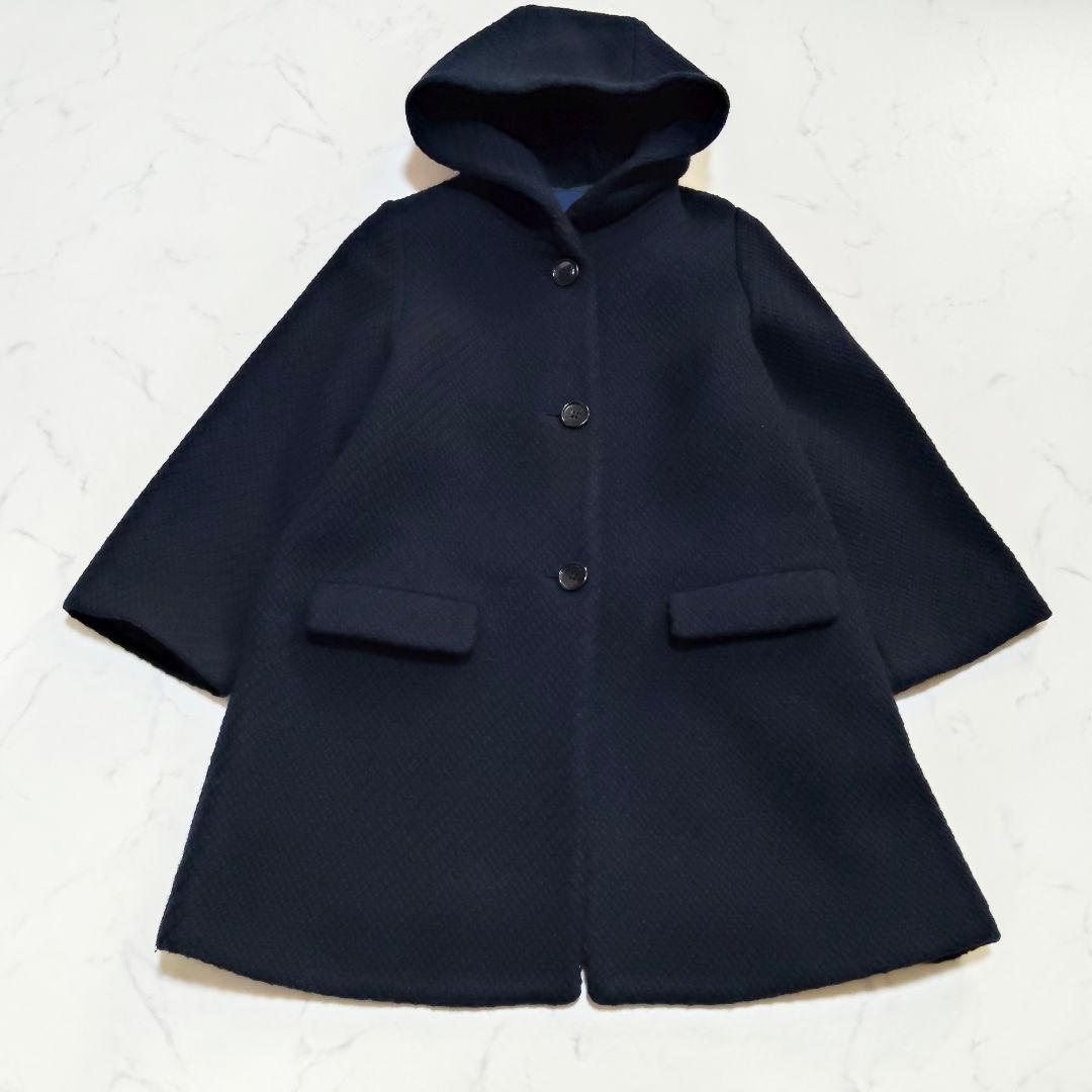 スローブイエナ フード ウールコート Aライン ツィード ネイビー