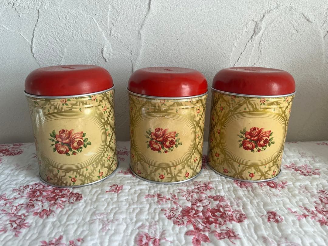 アンティーク　バラ柄のキャニスター3個