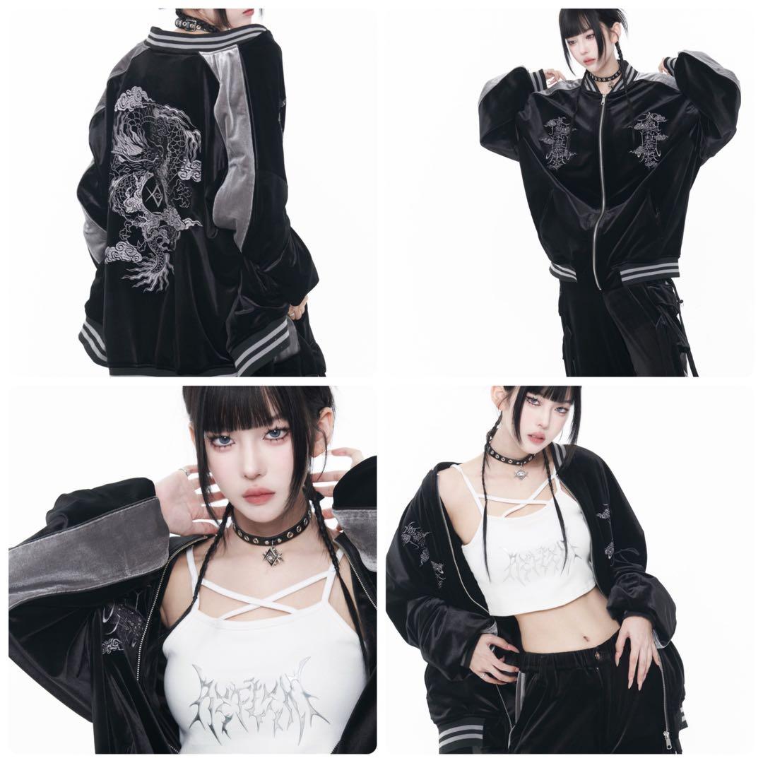 美品 REFLEM レフレム ドラゴン刺繍 ベロア スカジャン 黒 FREE