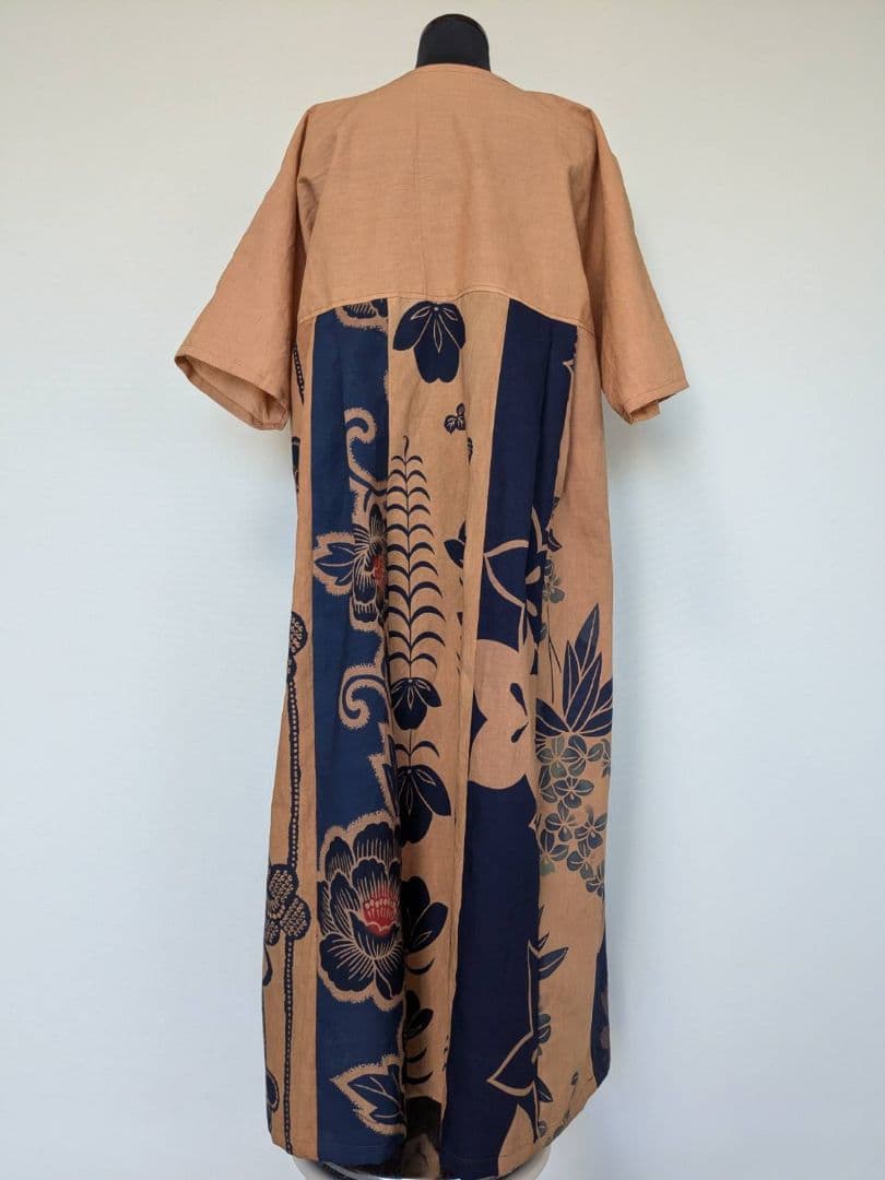 柿渋染め【綿浴衣・晒】M~L　胸元切り替えワンピース　着物リメイク　2044