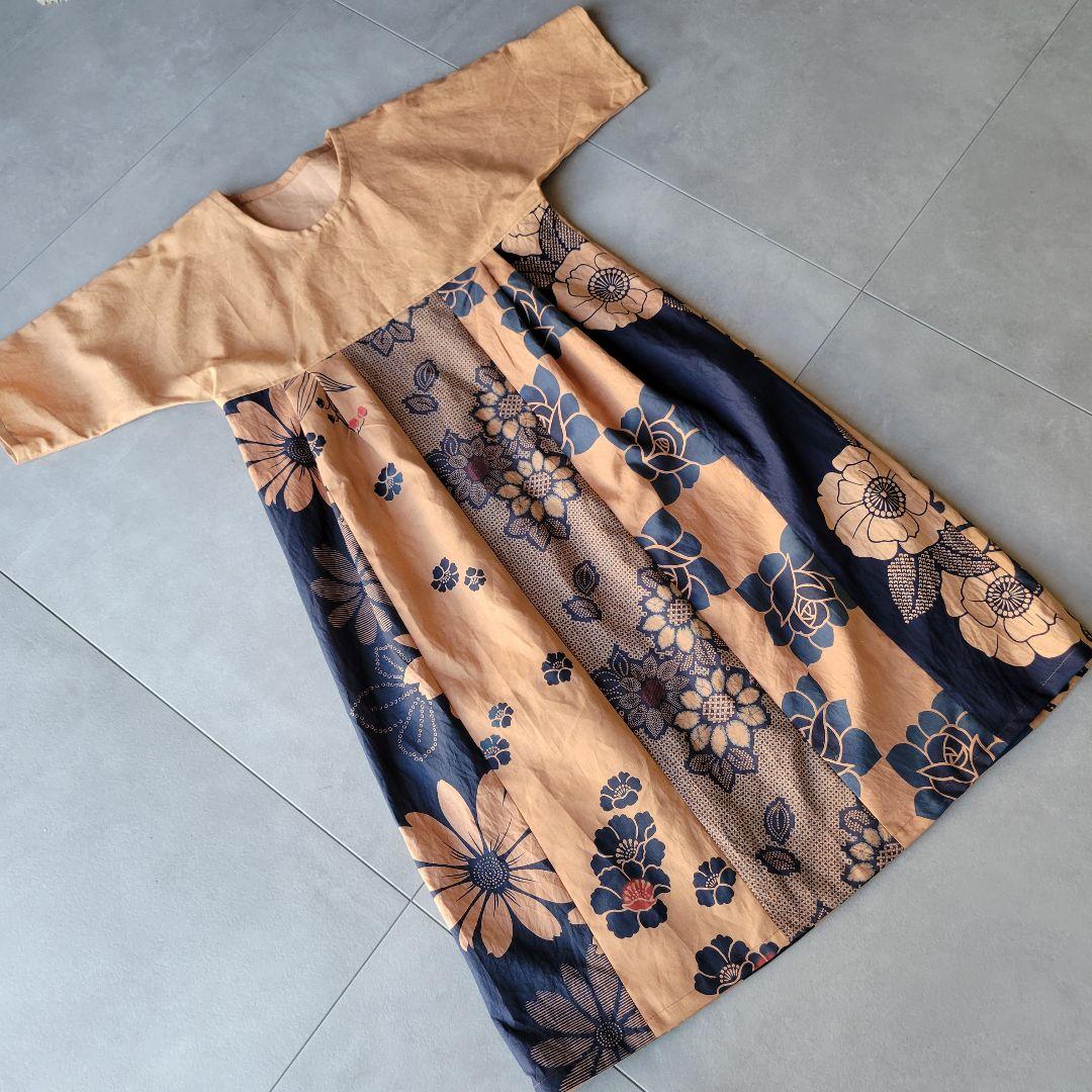 柿渋染め【綿浴衣・晒】M~L　胸元切り替えワンピース　着物リメイク　2044