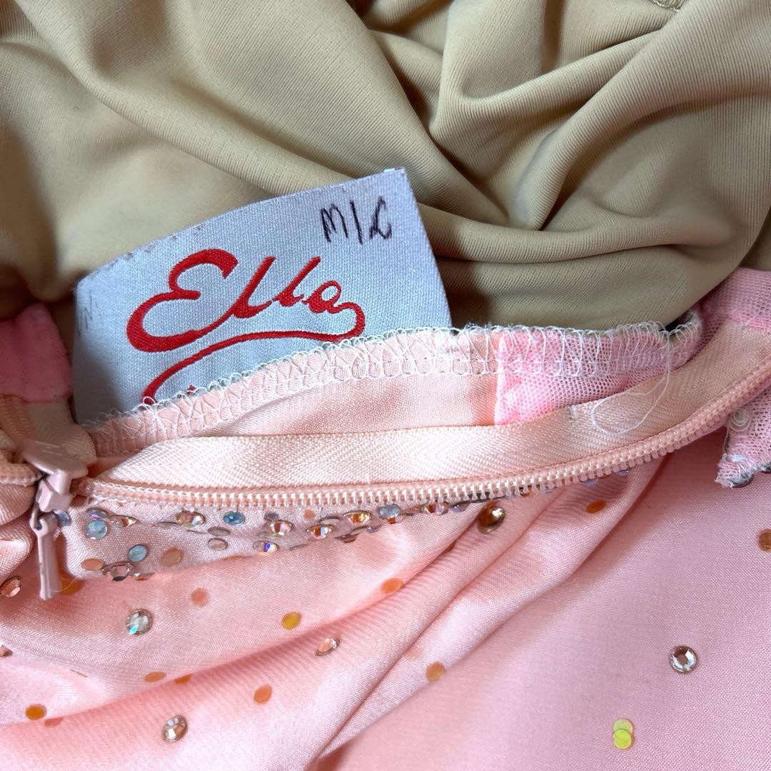 社交ダンスドレス　サーモンピンク　豪華ストーン　紫石　美品　ella 髪飾付き