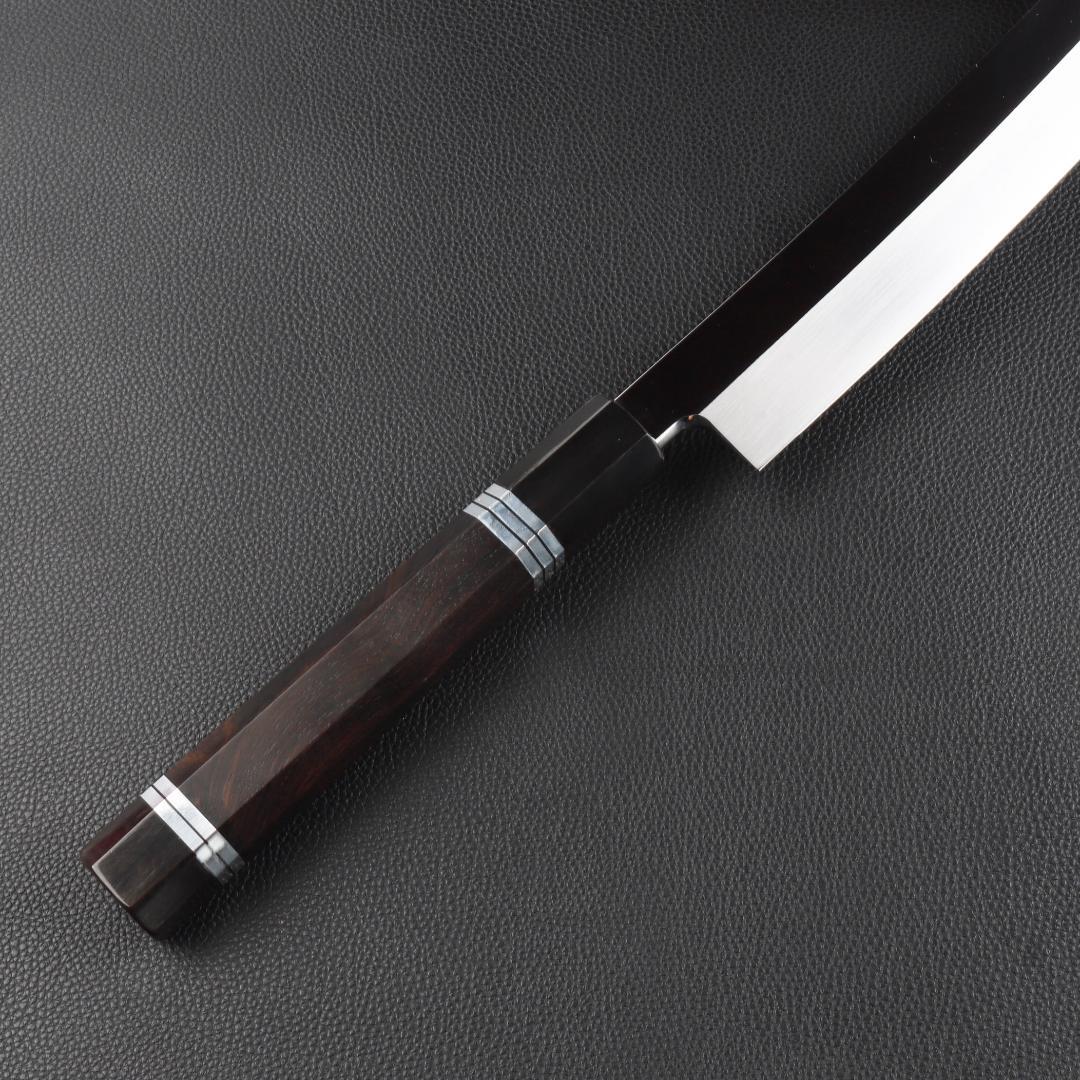 11071鬼反り先丸包丁尺二鏡面仕上げ刺身包丁刃は究極の切れ味黒檀五本銀巻八角柄