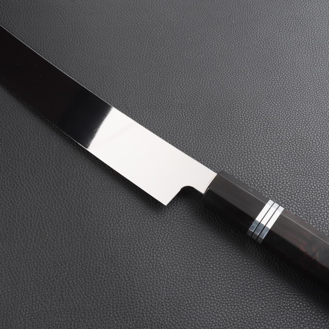 11071鬼反り先丸包丁尺二鏡面仕上げ刺身包丁刃は究極の切れ味黒檀五本銀巻八角柄