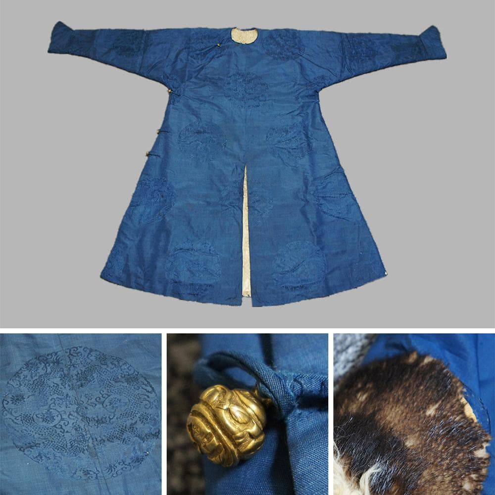 【織】　★ 織繍 藍色暗花綢羊皮常服袍 ★　清朝期　二龍戯珠 織綴文様　宮廷珍玩